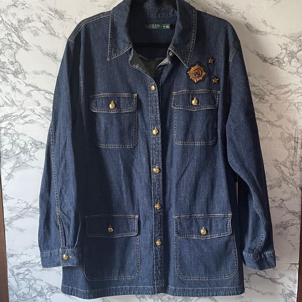 Lauren Ralph Lauren 22W Blue Denim Jacket with Gold Buttons